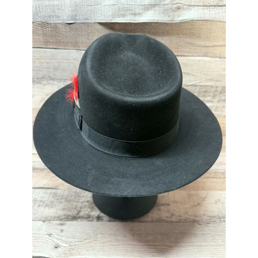Millers Cowboy Hat Made by Imperial‎ Stetson Black Leather Red Feather Sz 7 1/8